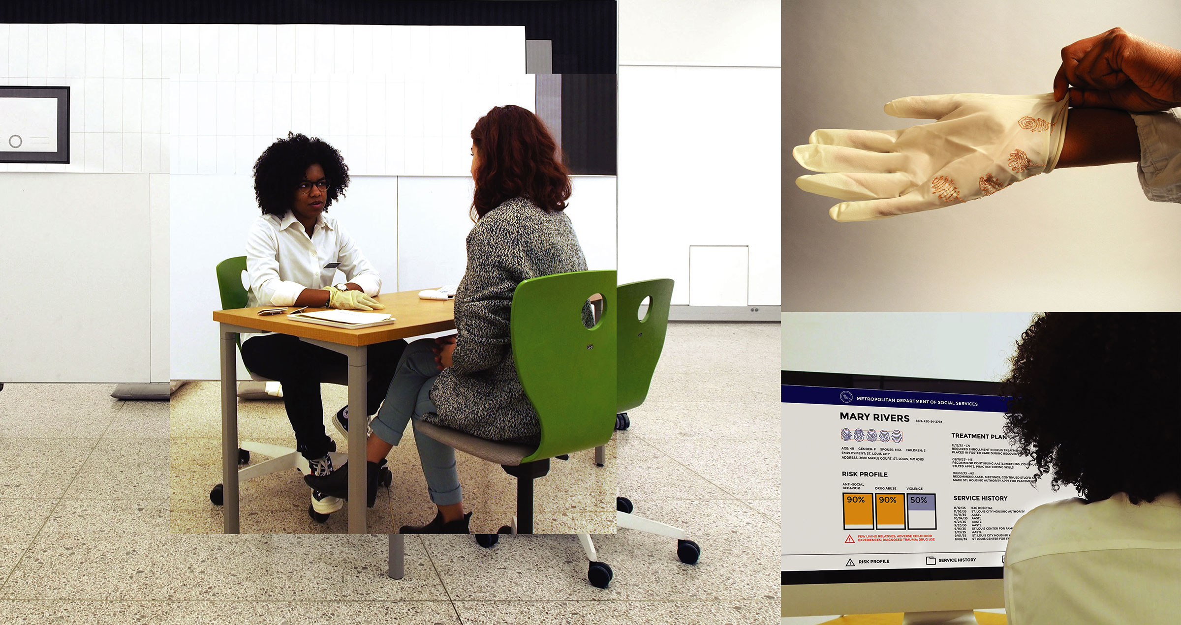 Three photos– one large one on the left and two smaller squares to the right of it. The large photo shows two people facing each other at a desk, in front of a printed backdrop showing an office environment. The top right photo shows someone pulling on a medical glove with four fingerprints embroidered on the palm. The bottom right photo looks over a person's shoulder to see a computer screen showing a bureaucratic profile of someone named "Mary Rivers", with three bar graphs under the heading "Risk Profile".